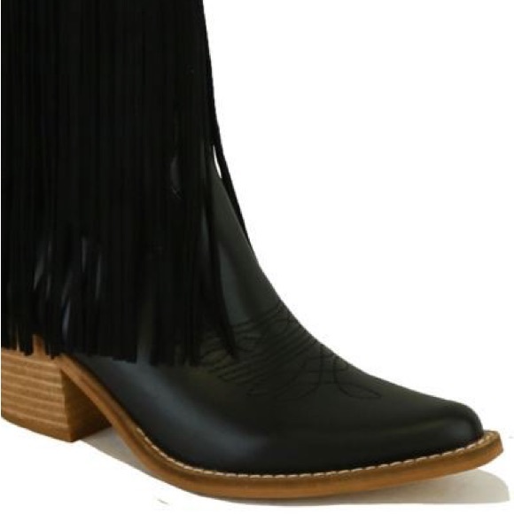 Beast Fashion Black Fringe Antique Stud Embellishment Tall Western Cowboy Boot - Picture 6 of 7